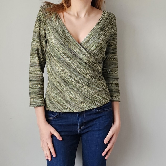 Y2K Mandee Crossover Surplice Top M Green Striped - Picture 5 of 9